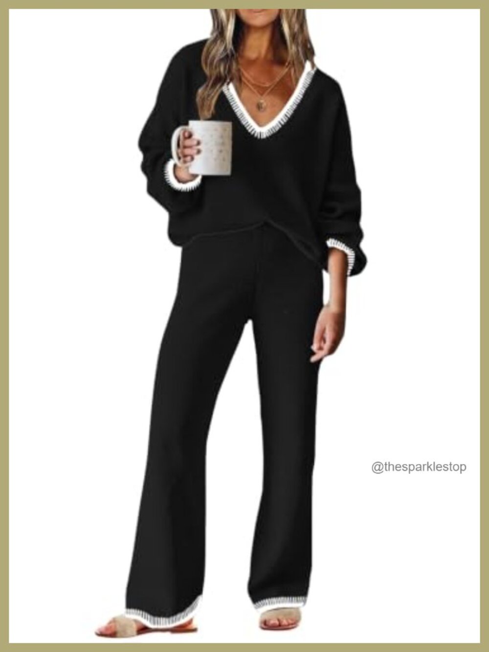 Womens 2 Piece Sweater Lounge Set V Neck Knit Pajama Loungewear